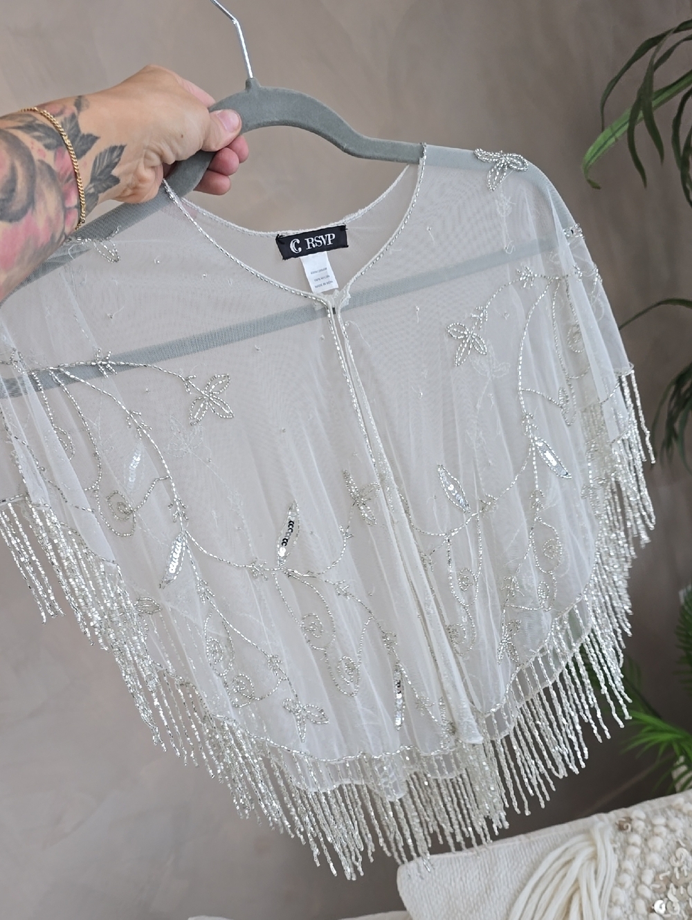 RSVP Ivory Mesh Capelet with Silver Beaded Fringe